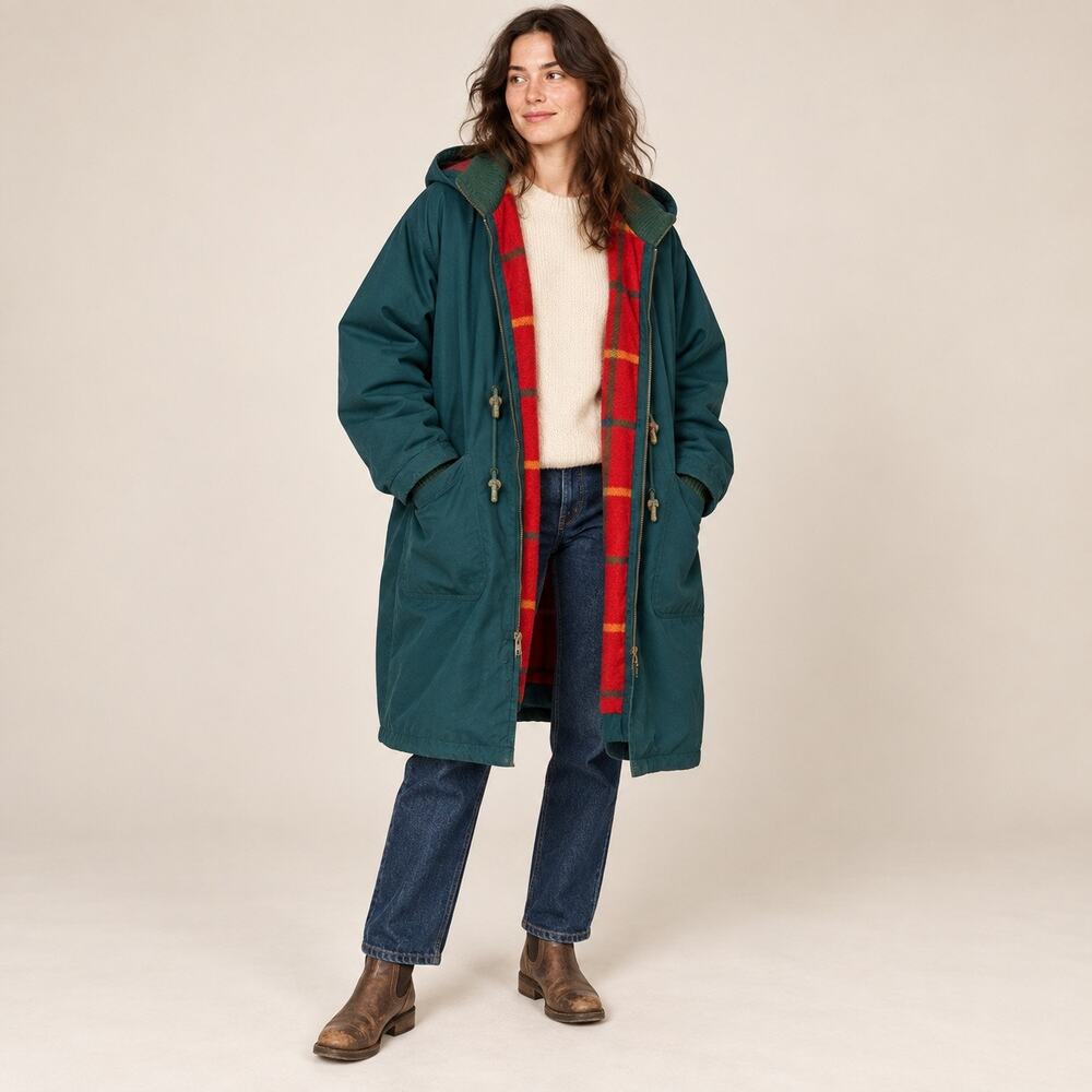 Vintage Foxland Green Hooded Parka Red Plaid Zip-Out Liner Oversized Coat